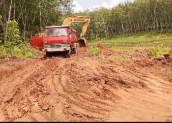 Kegiatan galian tanah di salah satu kebun di Desa Braja Caka